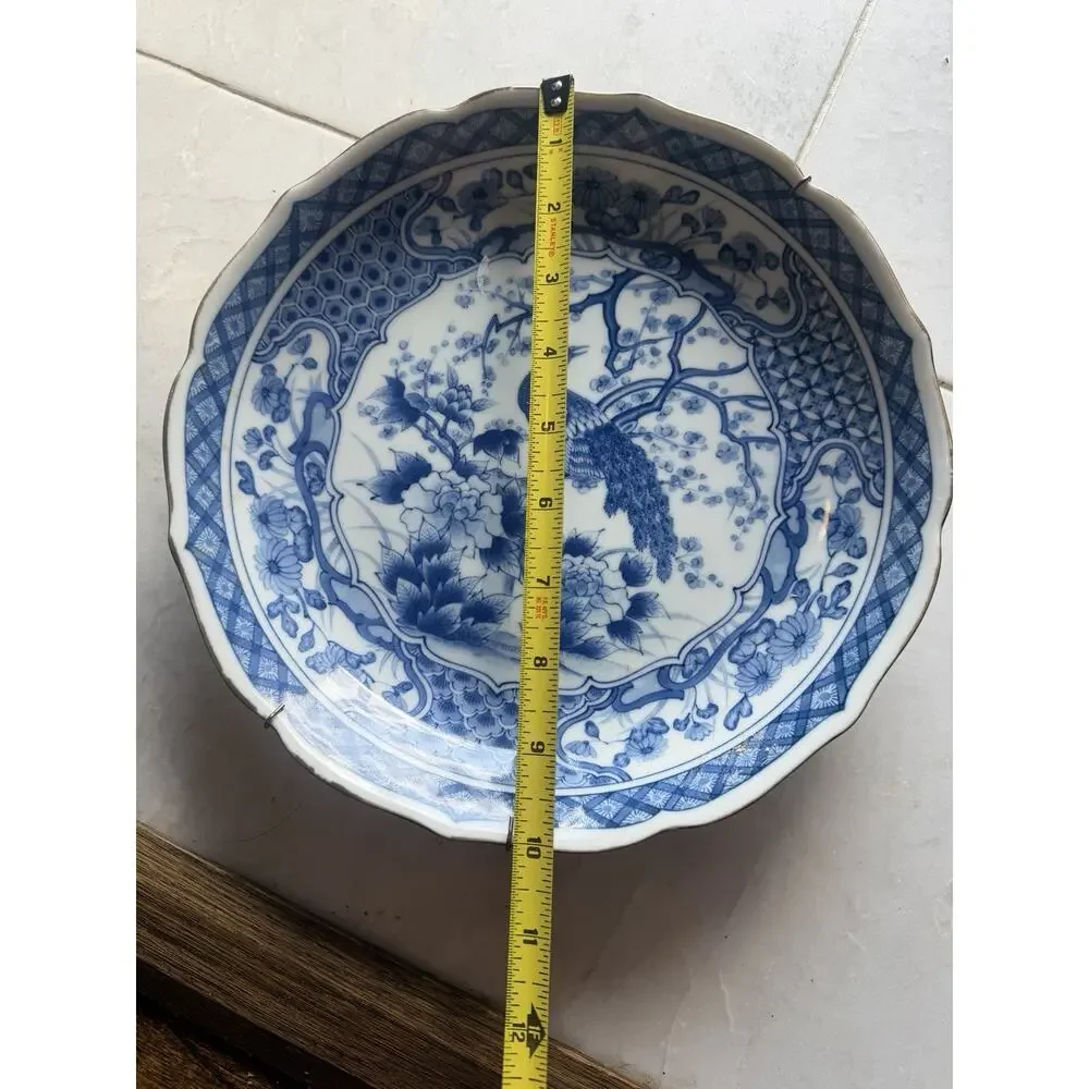 Vintage Asian Scalloped Blue & White Porcelain Peacock Plate/Decorative Charger